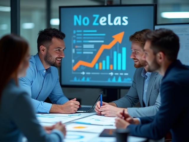 Professionisti che collaborano intorno a grafici digitali e statistiche di crescita, simboleggiando la strategia e il successo del marketing digitale.